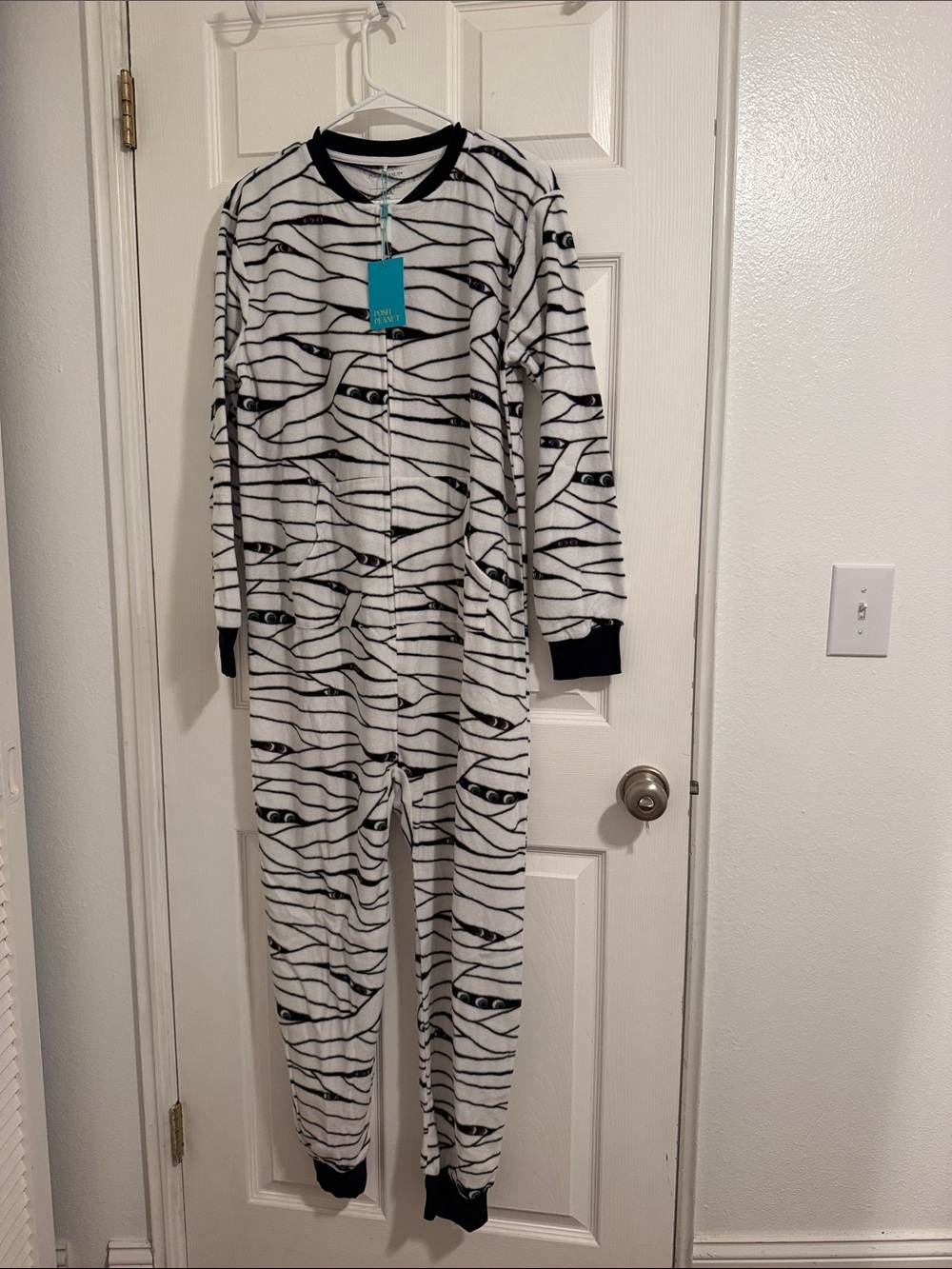 Kids Mummy Print One-Piece Pajamas - White/Black